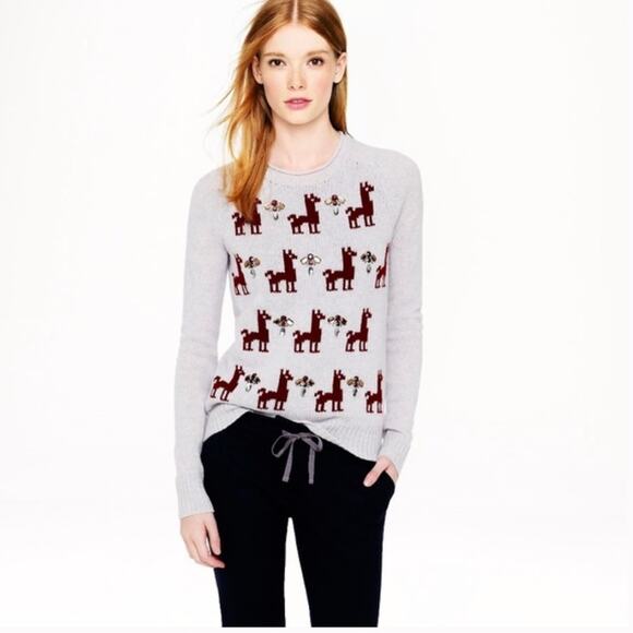 J. Crew Bejeweled 100% Wool Llama Novelty sweater, Gray/MulticolorJewels, XS - Picture 1 of 8